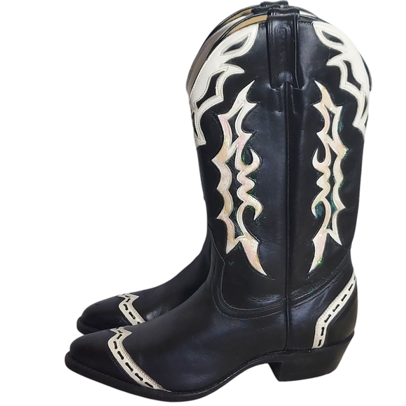 Boulet Shoes - Boulet Black White Leather Glitter Overlays Pointed Toe Western Boots Women's